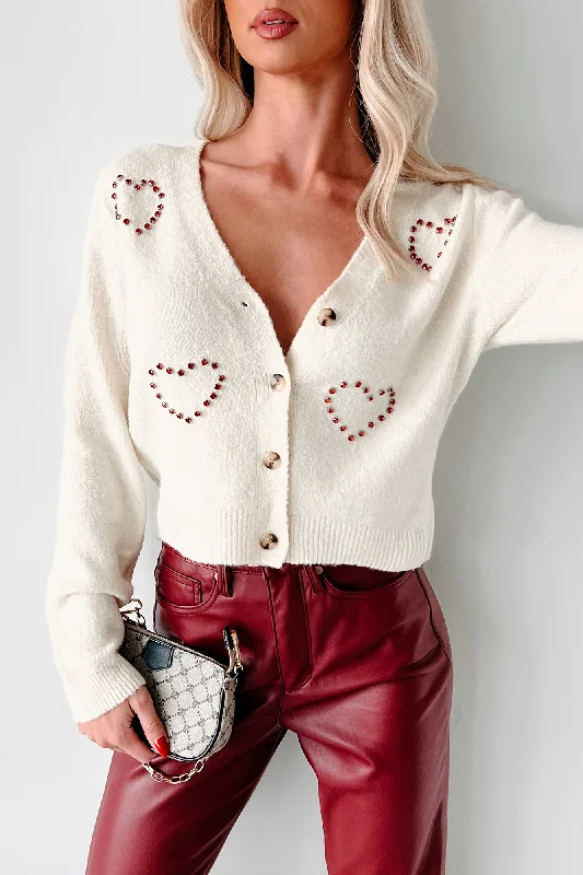 Style Revolution Express My Love Rhinestone Heart Cardigan Sweater (Ivory)