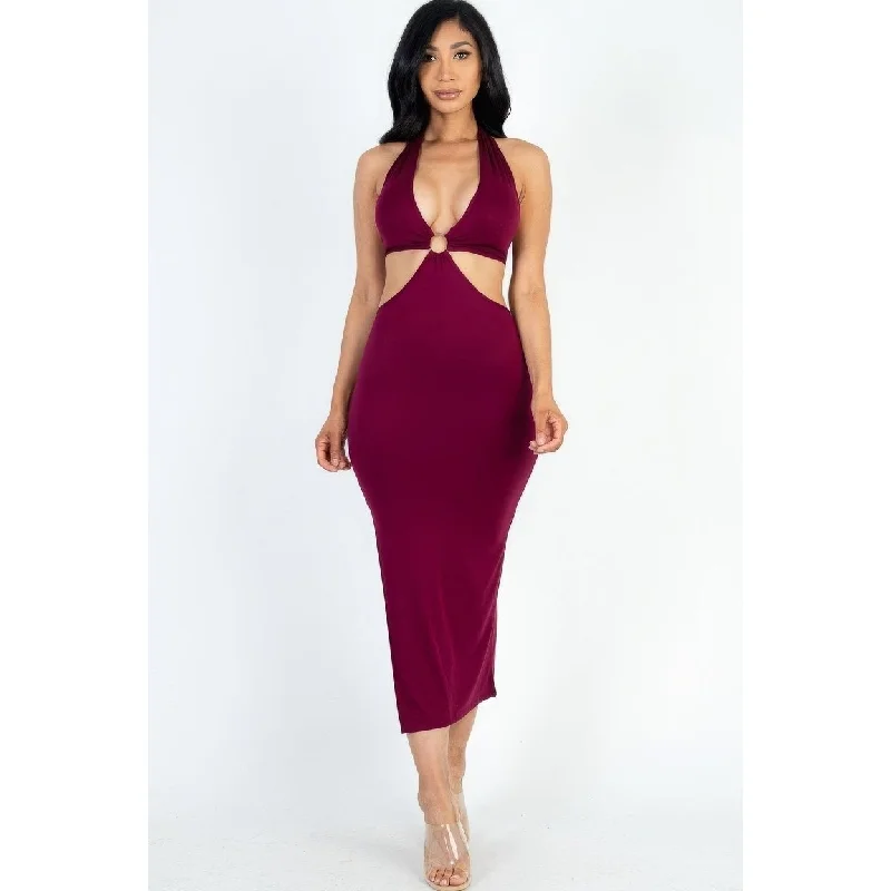 New Arrival Discounts CutOut Halter Neck Double Back Tie Split Thigh Midi Dress