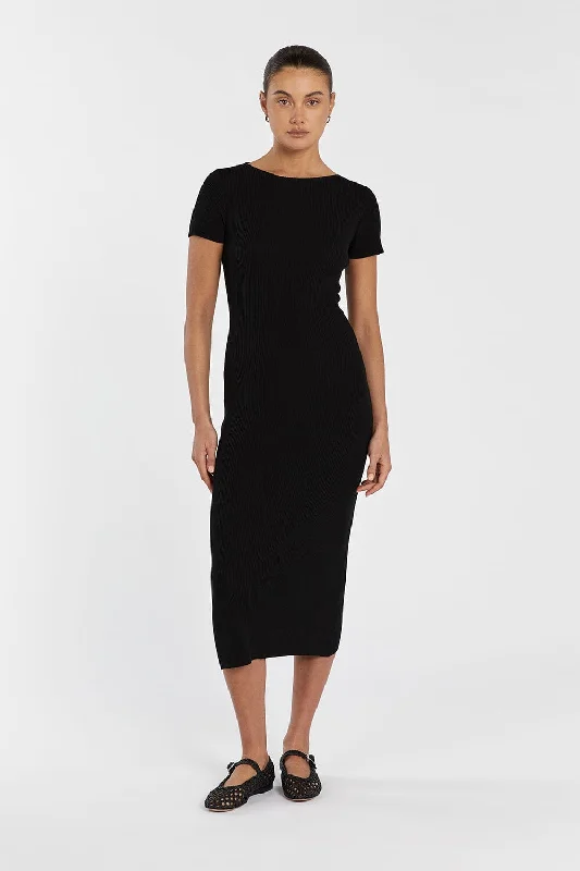 Fashionable Women’s Wardrobe MAX BLACK BOAT NECK KNIT MIDI DRESS